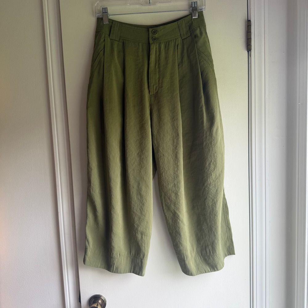 Anthropologie Olive Green Wide Leg Cropped Pleated Pants Womens 6P